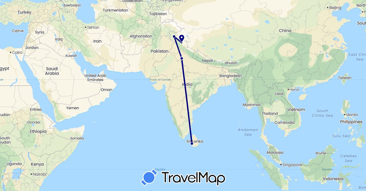 TravelMap itinerary: driving in India, Sri Lanka (Asia)